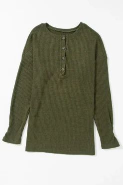Online Dear-Lover Rib Textured Henley Knit Top Jungle Green