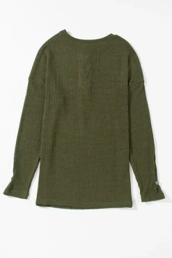 Online Dear-Lover Rib Textured Henley Knit Top Jungle Green