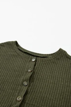 Online Dear-Lover Rib Textured Henley Knit Top Jungle Green