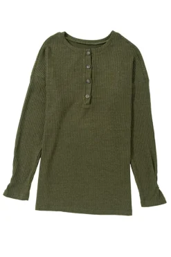 Online Dear-Lover Rib Textured Henley Knit Top Jungle Green