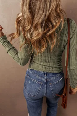 Best Dear-Lover Ribbed Knit Half Button Slim Fit Blouse Jungle Green