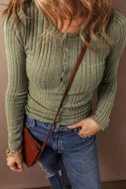 Best Dear-Lover Ribbed Knit Half Button Slim Fit Blouse Jungle Green