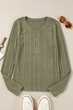 Best Dear-Lover Ribbed Knit Half Button Slim Fit Blouse Jungle Green