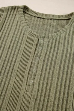 Best Dear-Lover Ribbed Knit Half Button Slim Fit Blouse Jungle Green