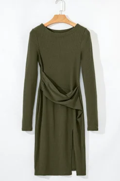 Online Dear-Lover Ribbed Side Slit Ruched Slim Fit Long Sleeve Mini Dress Jungle Green