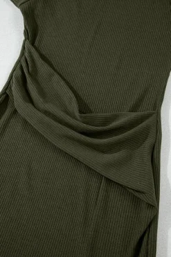 Online Dear-Lover Ribbed Side Slit Ruched Slim Fit Long Sleeve Mini Dress Jungle Green