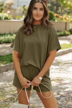 New Dear-Lover Ribbed Textured Knit Loose Fit Tee and Shorts Set Jungle Green