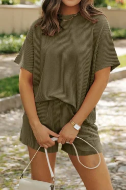 New Dear-Lover Ribbed Textured Knit Loose Fit Tee and Shorts Set Jungle Green