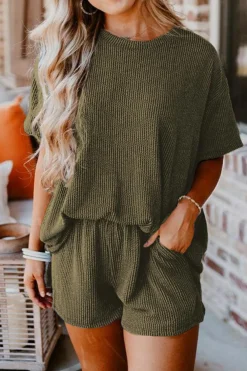New Dear-Lover Ribbed Textured Knit Loose Fit Tee and Shorts Set Jungle Green