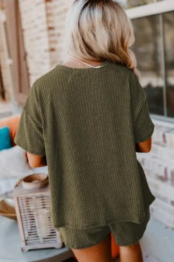 New Dear-Lover Ribbed Textured Knit Loose Fit Tee and Shorts Set Jungle Green