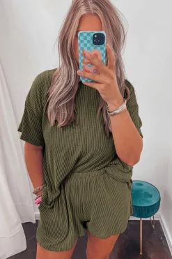 New Dear-Lover Ribbed Textured Knit Loose Fit Tee and Shorts Set Jungle Green