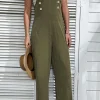 Online Dear-Lover Solid Color Buttoned Straight Leg Overall Jungle Green