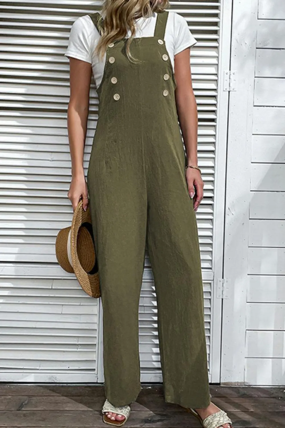 Online Dear-Lover Solid Color Buttoned Straight Leg Overall Jungle Green