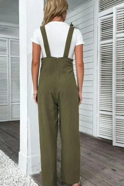 Online Dear-Lover Solid Color Buttoned Straight Leg Overall Jungle Green