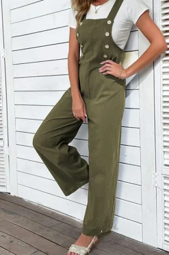 Online Dear-Lover Solid Color Buttoned Straight Leg Overall Jungle Green