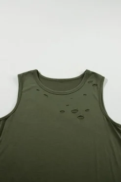 Clearance Dear-Lover Solid Color Distressed Holes Crew Neck Tank Top Jungle Green