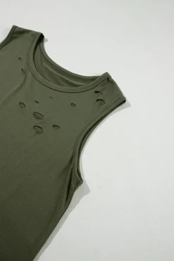 Clearance Dear-Lover Solid Color Distressed Holes Crew Neck Tank Top Jungle Green