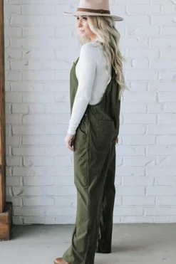 Clearance Dear-Lover Solid Pocketed Loose Fit Corduroy Overall Jungle Green