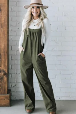 Clearance Dear-Lover Solid Pocketed Loose Fit Corduroy Overall Jungle Green