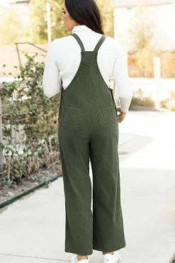 Clearance Dear-Lover Solid Pocketed Loose Fit Corduroy Overall Jungle Green