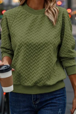 New Dear-Lover Solid Textured Raglan Sleeve Pullover Sweatshirt Jungle Green