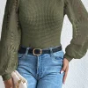 Sale Dear-Lover Sunflower Mesh Bubble Sleeve Waffle Knit Top Jungle Green