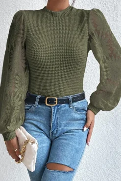 Sale Dear-Lover Sunflower Mesh Bubble Sleeve Waffle Knit Top Jungle Green
