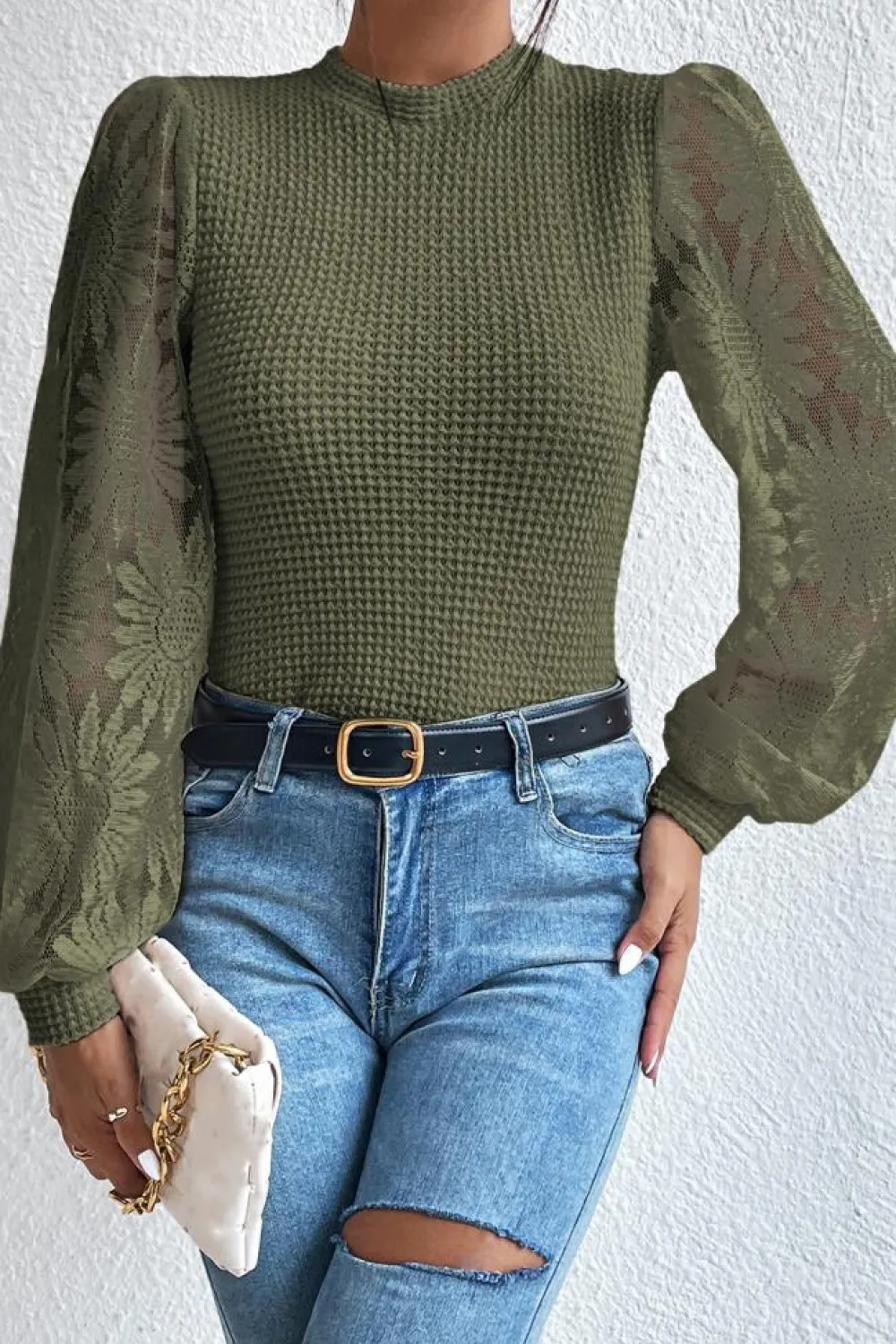 Sale Dear-Lover Sunflower Mesh Bubble Sleeve Waffle Knit Top Jungle Green