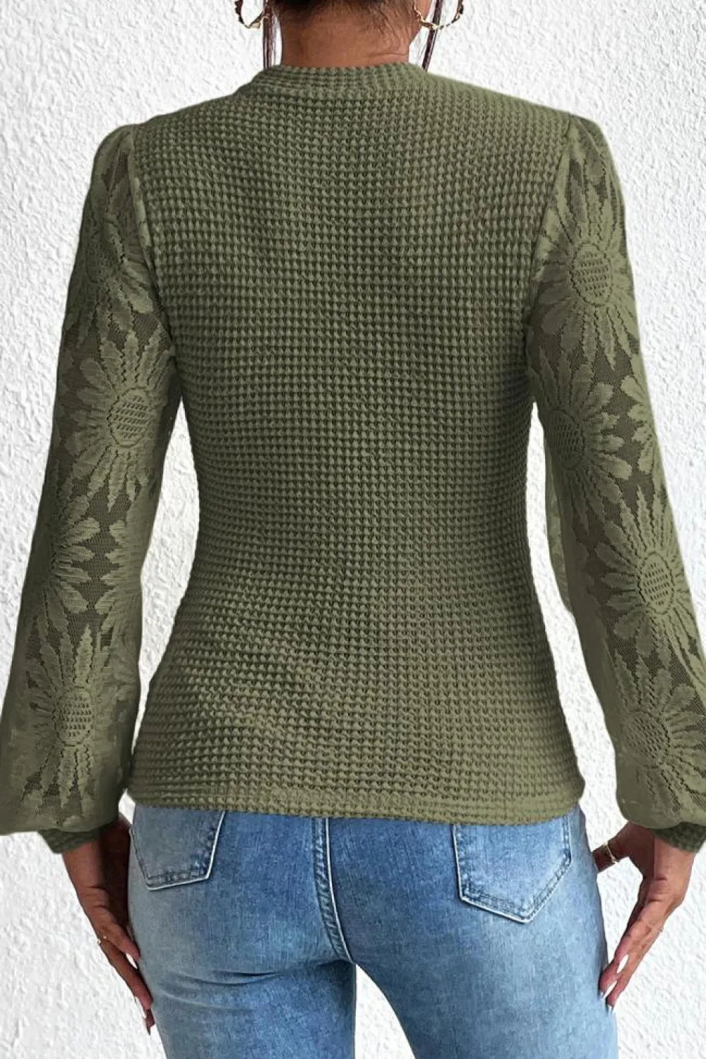 Sale Dear-Lover Sunflower Mesh Bubble Sleeve Waffle Knit Top Jungle Green