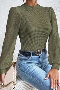 Sale Dear-Lover Sunflower Mesh Bubble Sleeve Waffle Knit Top Jungle Green