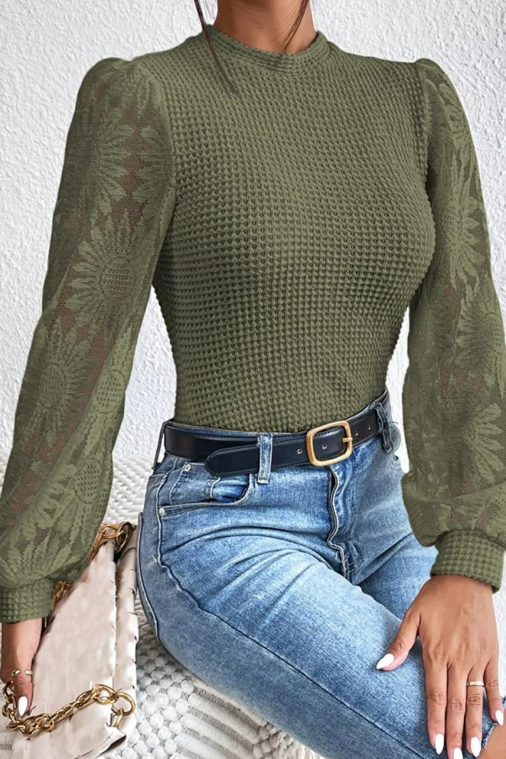 Sale Dear-Lover Sunflower Mesh Bubble Sleeve Waffle Knit Top Jungle Green
