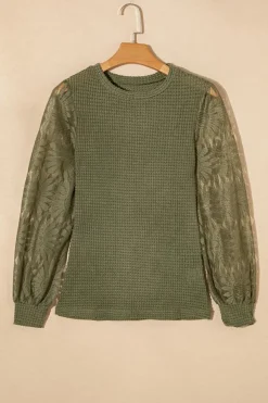 Sale Dear-Lover Sunflower Mesh Bubble Sleeve Waffle Knit Top Jungle Green