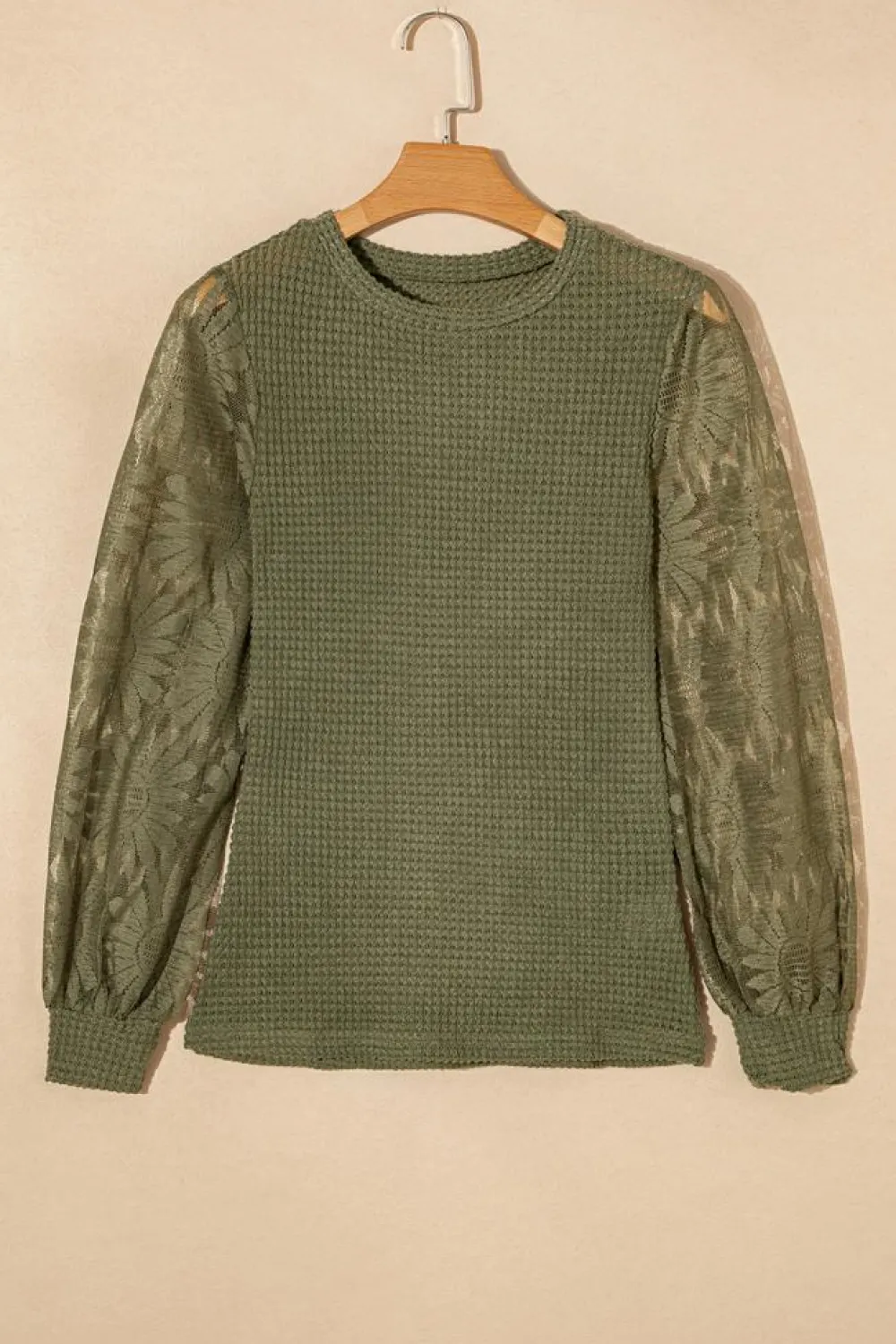 Sale Dear-Lover Sunflower Mesh Bubble Sleeve Waffle Knit Top Jungle Green