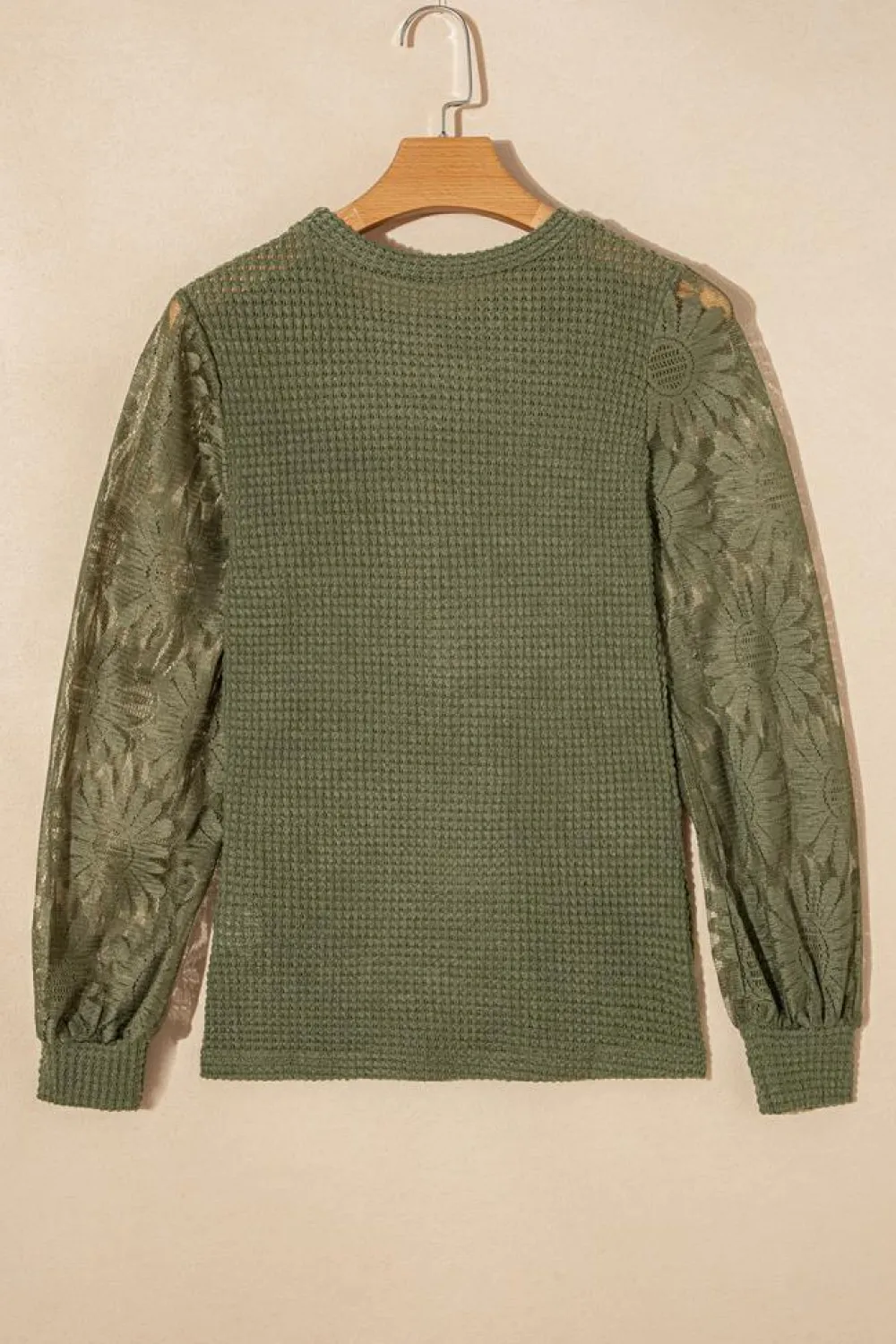 Sale Dear-Lover Sunflower Mesh Bubble Sleeve Waffle Knit Top Jungle Green