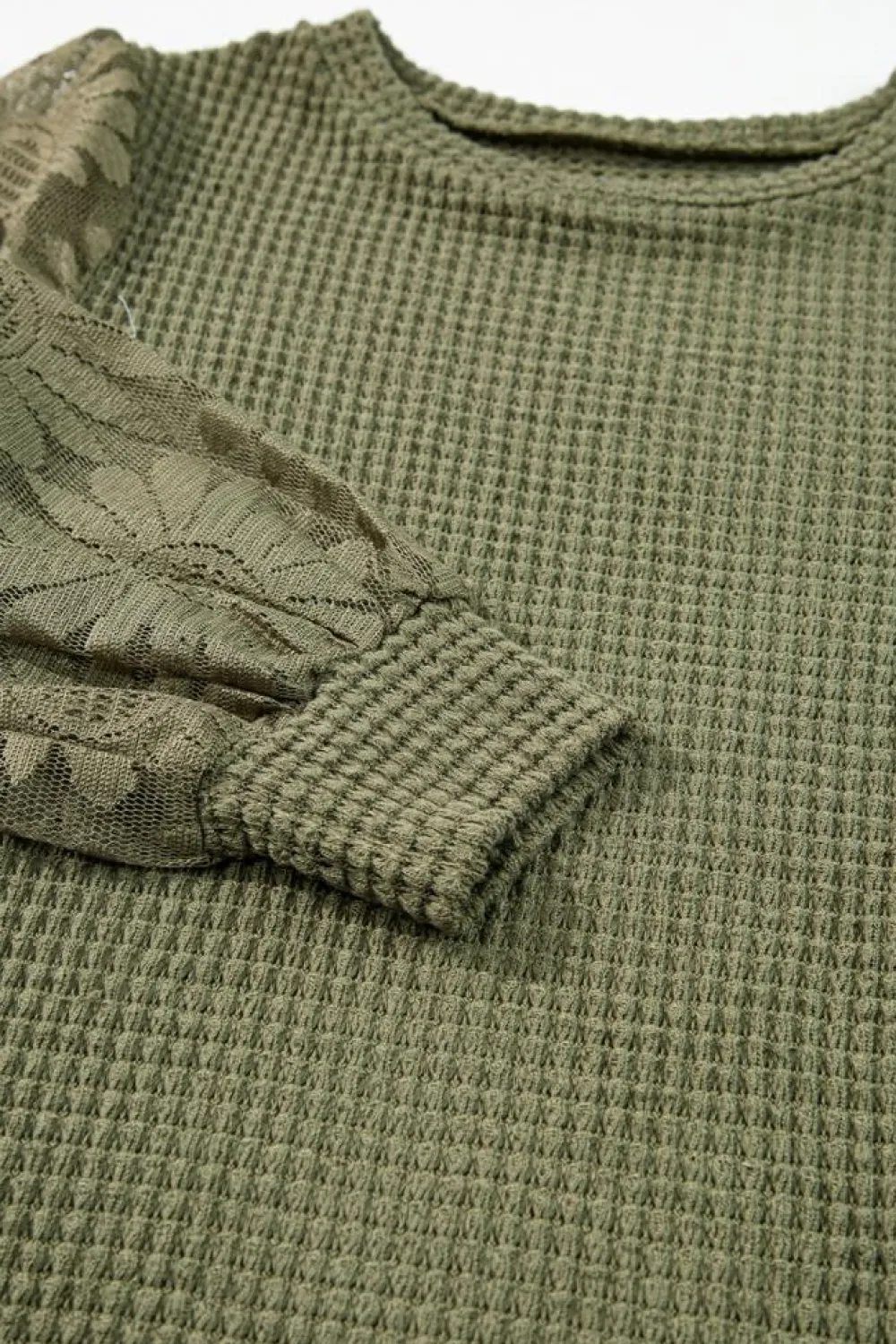 Sale Dear-Lover Sunflower Mesh Bubble Sleeve Waffle Knit Top Jungle Green