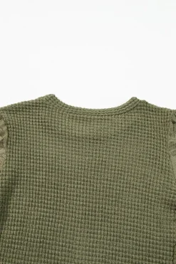 Sale Dear-Lover Sunflower Mesh Bubble Sleeve Waffle Knit Top Jungle Green
