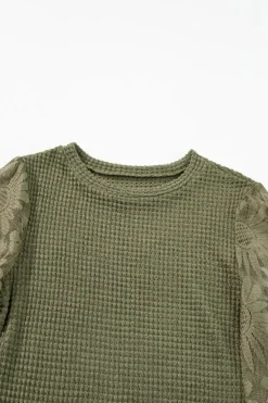 Sale Dear-Lover Sunflower Mesh Bubble Sleeve Waffle Knit Top Jungle Green