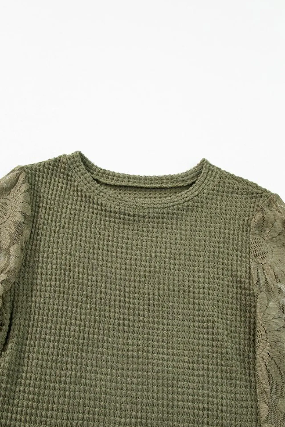 Sale Dear-Lover Sunflower Mesh Bubble Sleeve Waffle Knit Top Jungle Green