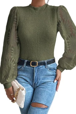 Sale Dear-Lover Sunflower Mesh Bubble Sleeve Waffle Knit Top Jungle Green