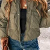 Sale Dear-Lover Teddy Collar Flap Pockets Quilted Puffer Jacket Jungle Green