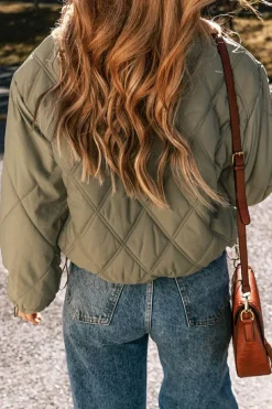 Sale Dear-Lover Teddy Collar Flap Pockets Quilted Puffer Jacket Jungle Green