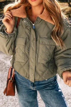 Sale Dear-Lover Teddy Collar Flap Pockets Quilted Puffer Jacket Jungle Green