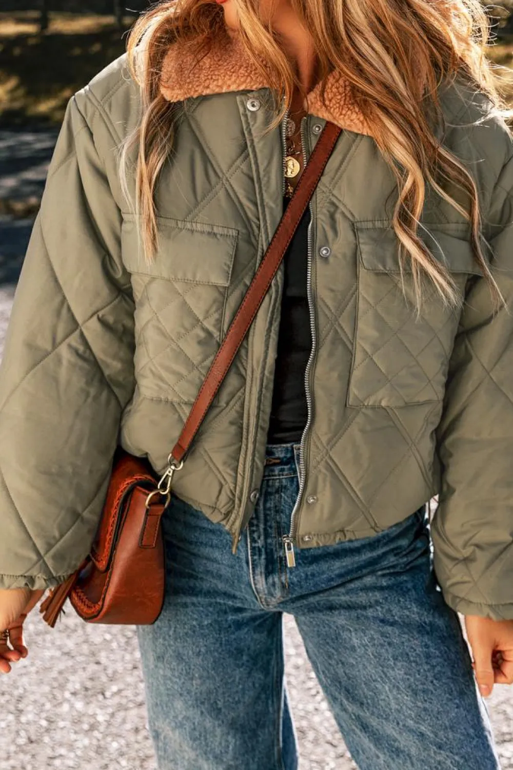 Sale Dear-Lover Teddy Collar Flap Pockets Quilted Puffer Jacket Jungle Green