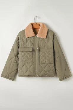 Sale Dear-Lover Teddy Collar Flap Pockets Quilted Puffer Jacket Jungle Green