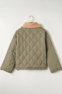 Sale Dear-Lover Teddy Collar Flap Pockets Quilted Puffer Jacket Jungle Green