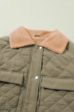 Sale Dear-Lover Teddy Collar Flap Pockets Quilted Puffer Jacket Jungle Green