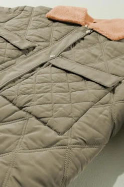 Sale Dear-Lover Teddy Collar Flap Pockets Quilted Puffer Jacket Jungle Green