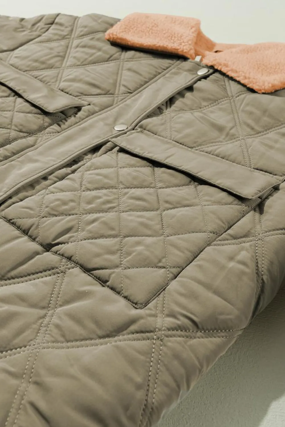Sale Dear-Lover Teddy Collar Flap Pockets Quilted Puffer Jacket Jungle Green