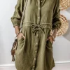 Hot Dear-Lover Textured Bracelet Sleeve Collared Button Up Dual Tied Mini Dress Jungle Green