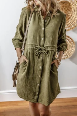 Hot Dear-Lover Textured Bracelet Sleeve Collared Button Up Dual Tied Mini Dress Jungle Green